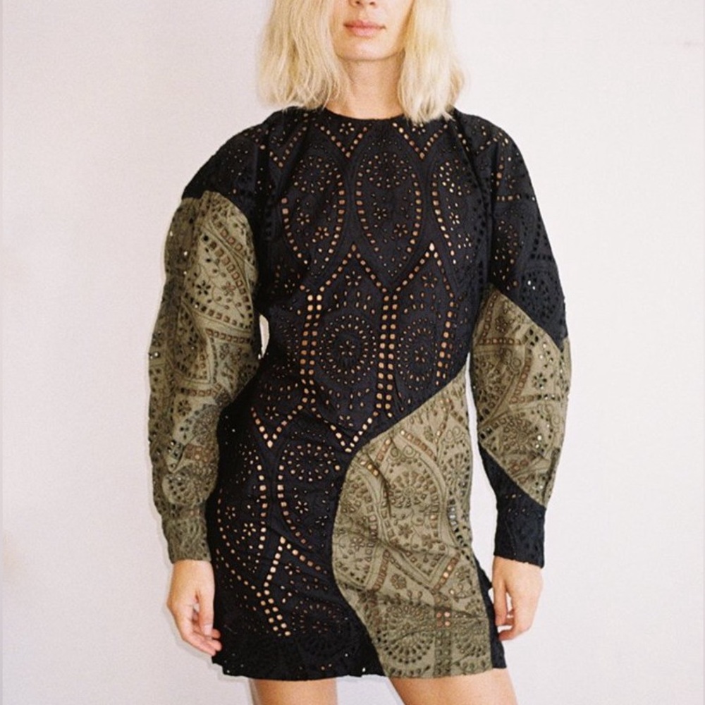 GANNI Mini Lace Dress Black & Olive Patterned Eyelet Mini Dress Size 36
